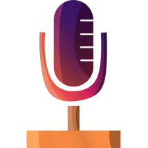 An old-fashion microphone, with cartoon-style illustration, and a color overlay and gradient going from orange to pink, to dark purple.
